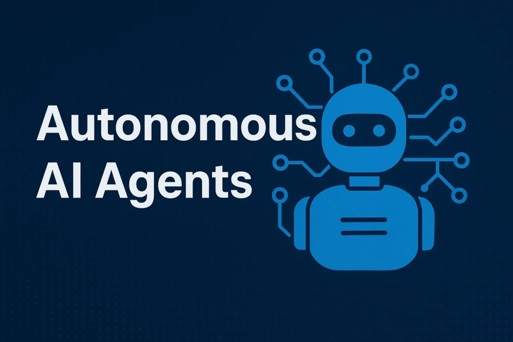 AI Trends 2025 illustrated with a modern graphic of autonomous AI agents represented by a robotic figure and connected digital nodes.