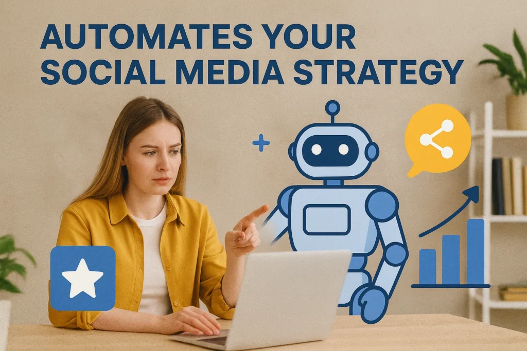 A young woman using a laptop with floating AI and social media icons around her, representing automated social media strategy tools.